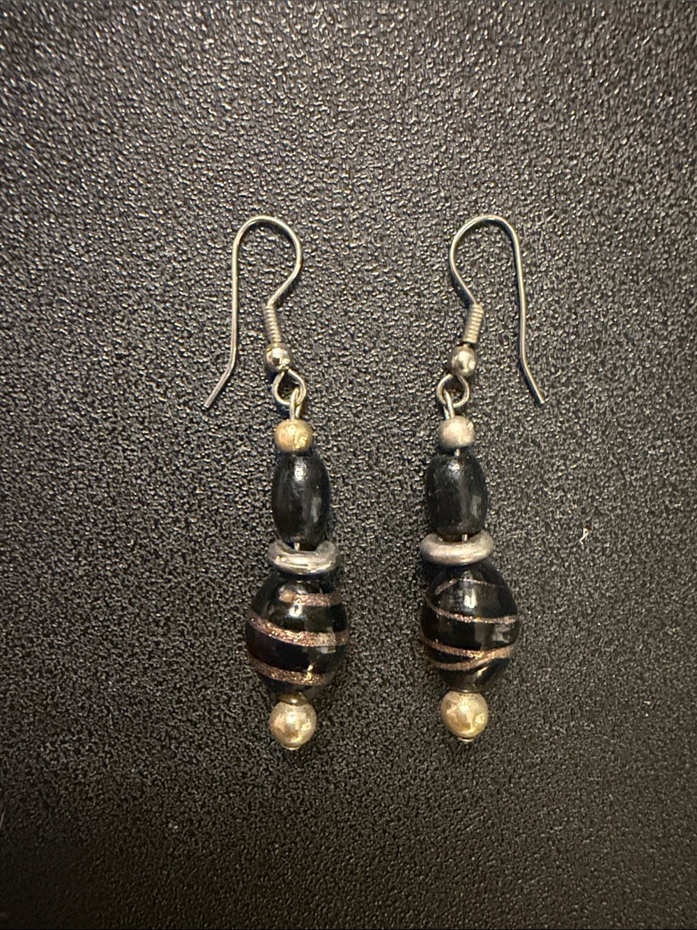 Black Glass Bead Drop Earrings with Metallic Accents